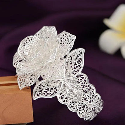 Exquisite 925 Sterling Silver Hollow Filigree Blooming Rose Flower Open Bangle Bracelet Charm Jewelry Gift