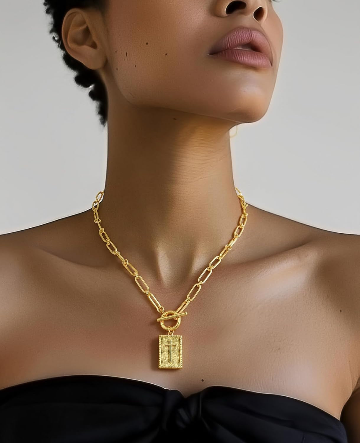 Cross Necklace for Women, No Tarnish 14K Gold Plated Necklace with Cross Pendant Paperclip Chain Toggle Clasp, Religious Christian Faith Jewelry, Necklace Gifts for Women Birthday, Christmas