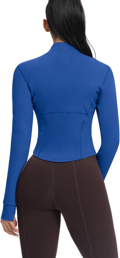 Women'S Cropped Running Workout Jackets Zip Slim Fit Athletic Tops with Thumb Holes