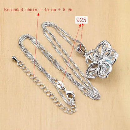 Flower 925 Silver Jewelry Set Blue Pearl With Beads Pendant Drop Earrings Rings Necklace  For Women