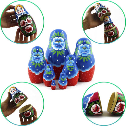 Nesting Babushka Dolls - Handmade Rose Hand-Painted - Matruska Stacking 7 Dolls - Munecas Rusas - Home Decor Decorations