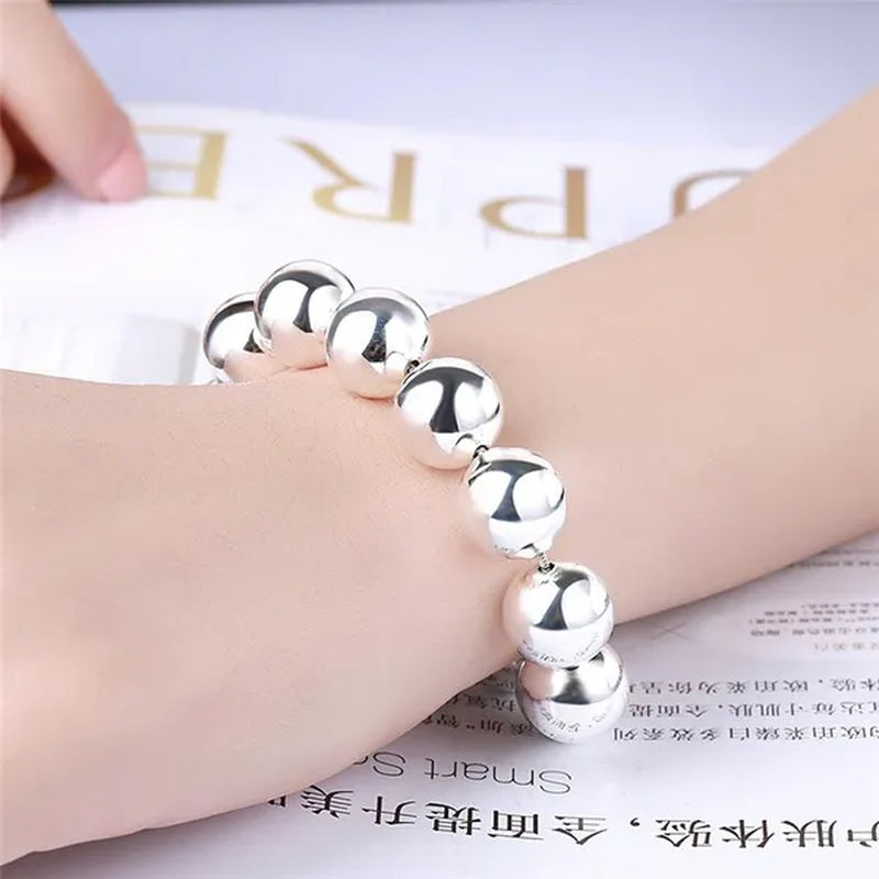 Fashion 925 Sterling Silver 8Mm Hollow Smooth round Beads Necklace Bracelets Set for Women Wedding Engagement Party Jewelry