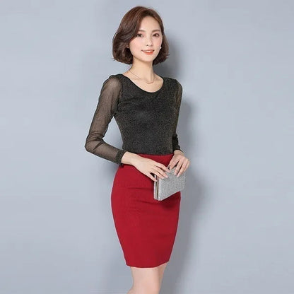 Korean new style sexy T-shirt Party Fashion New Wild Shiny Gold and Silver Mesh Yarn Round Neck Shirt Blouses