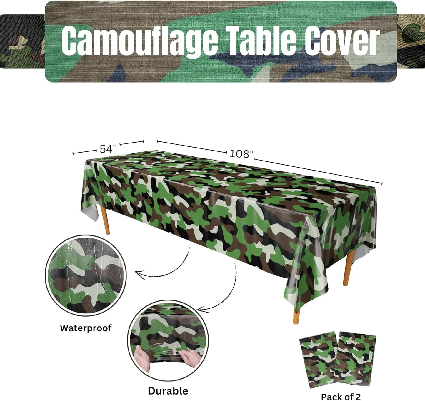 Camouflage Party Table Covers (Pack of 2) - 54"X108" XL - Camouflage Party Supplies, Camo Party Supplies, Camo Plastic Table Cover, Army Table Cover, Camo Theme Party, Army Green Party