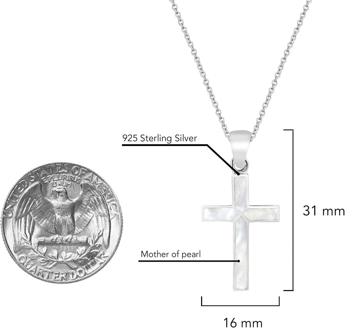 Cross of Faith Necklace – 925 Sterling Silver 18 Inch Chain | Iridescent Shell and Stone Pendant | Perfect Religious Gift