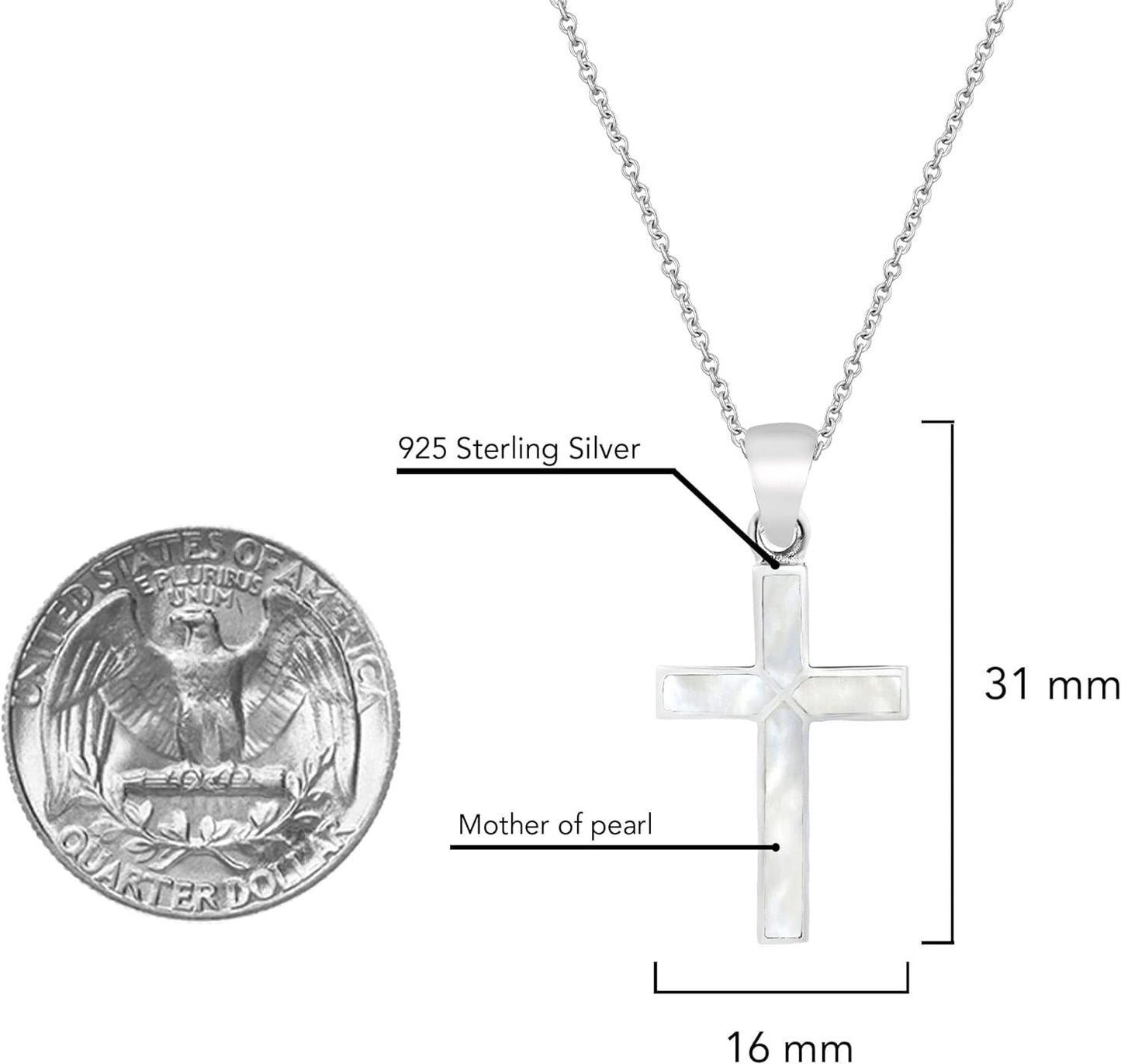 Spiritual Cross of Faith Inlaid White Mother of Pearl .925 Sterling Silver Pendant Necklace | Religous Necklace Jewelry for Women | Jewelry Gift