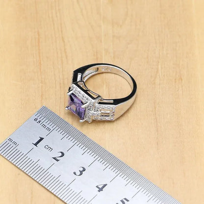 Natural 925 Silver Jewelry Sets Purple Amethyst White Crystal Decoration For Women Earrings/Pendant/ Rings/Bracelet/Necklace Set