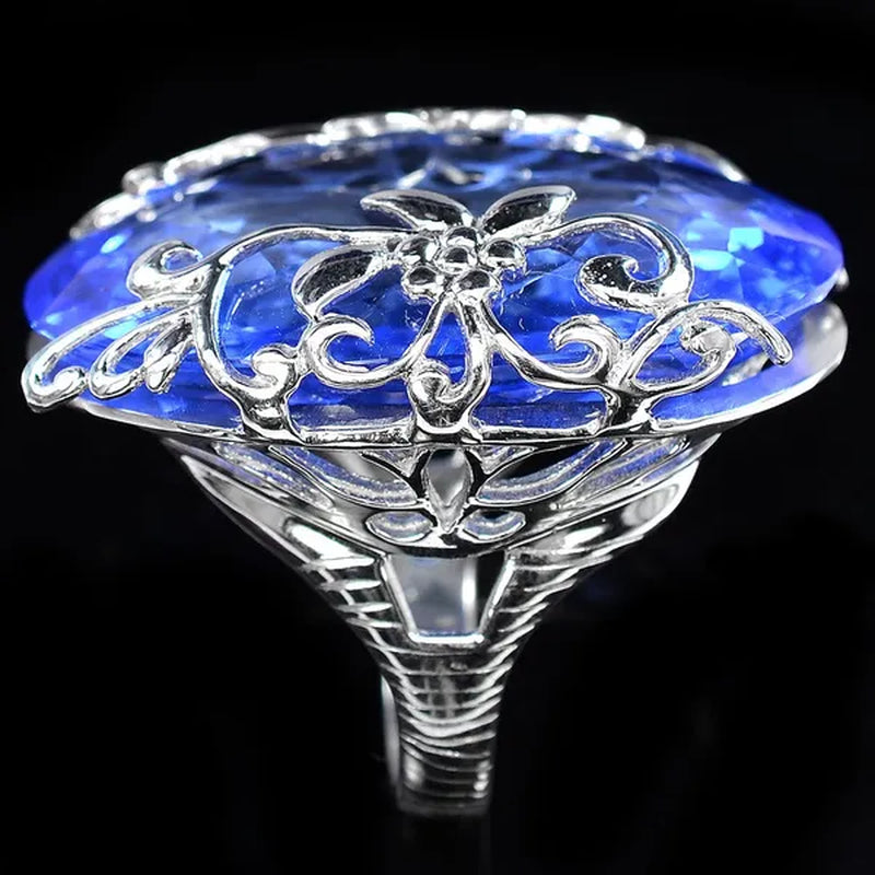 Beautiful Big Blue Sapphire Gemstones 925 Sterling Silver Wedding Engagement Ring