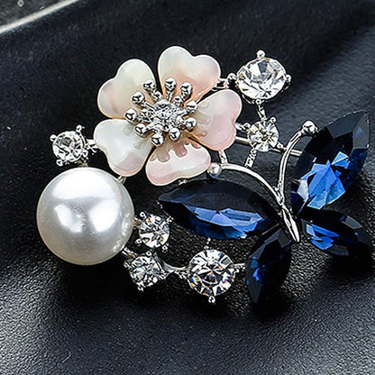 Women Faux Quartz Butterfly Flower Imitation Pearl Brooch Pin Lapel Clip Decoration Festival Birthday Gift- Rose Gold Festival Birthday Gift- Blue