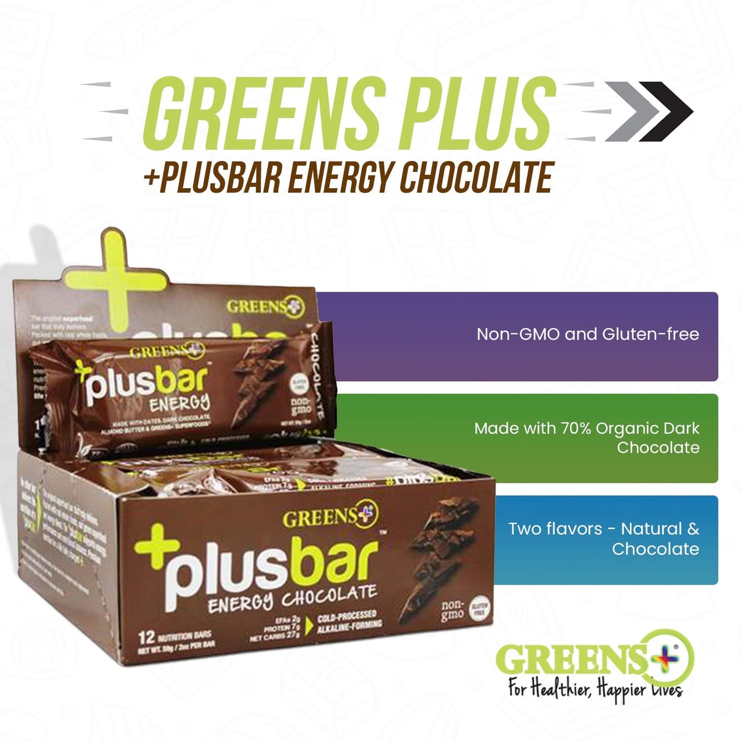 Plusbar Energy Bars, Chocolate, Gluten Free Healthy Snacks with Organic Super Greens, Superfoods & Dark Chocolate, Vegan, Dairy Free & Non GMO, 8G Protein Meal Replacement Bars, 12 Bars