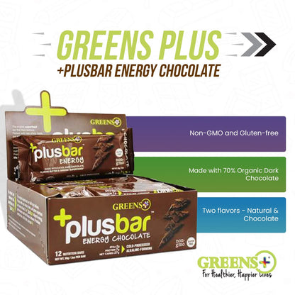 Plusbar Energy Bars, Chocolate, Gluten Free Healthy Snacks with Organic Super Greens, Superfoods & Dark Chocolate, Vegan, Dairy Free & Non GMO, 8G Protein Meal Replacement Bars, 12 Bars