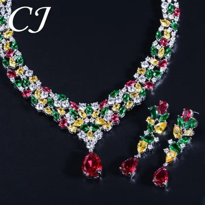 CANDICE Noble Red Crystal Water Drop Pendant Necklace and Dangle Earrings Pave Multi Shape Colorful CZ Stone Women Wedding Party Dress Jewelry Set