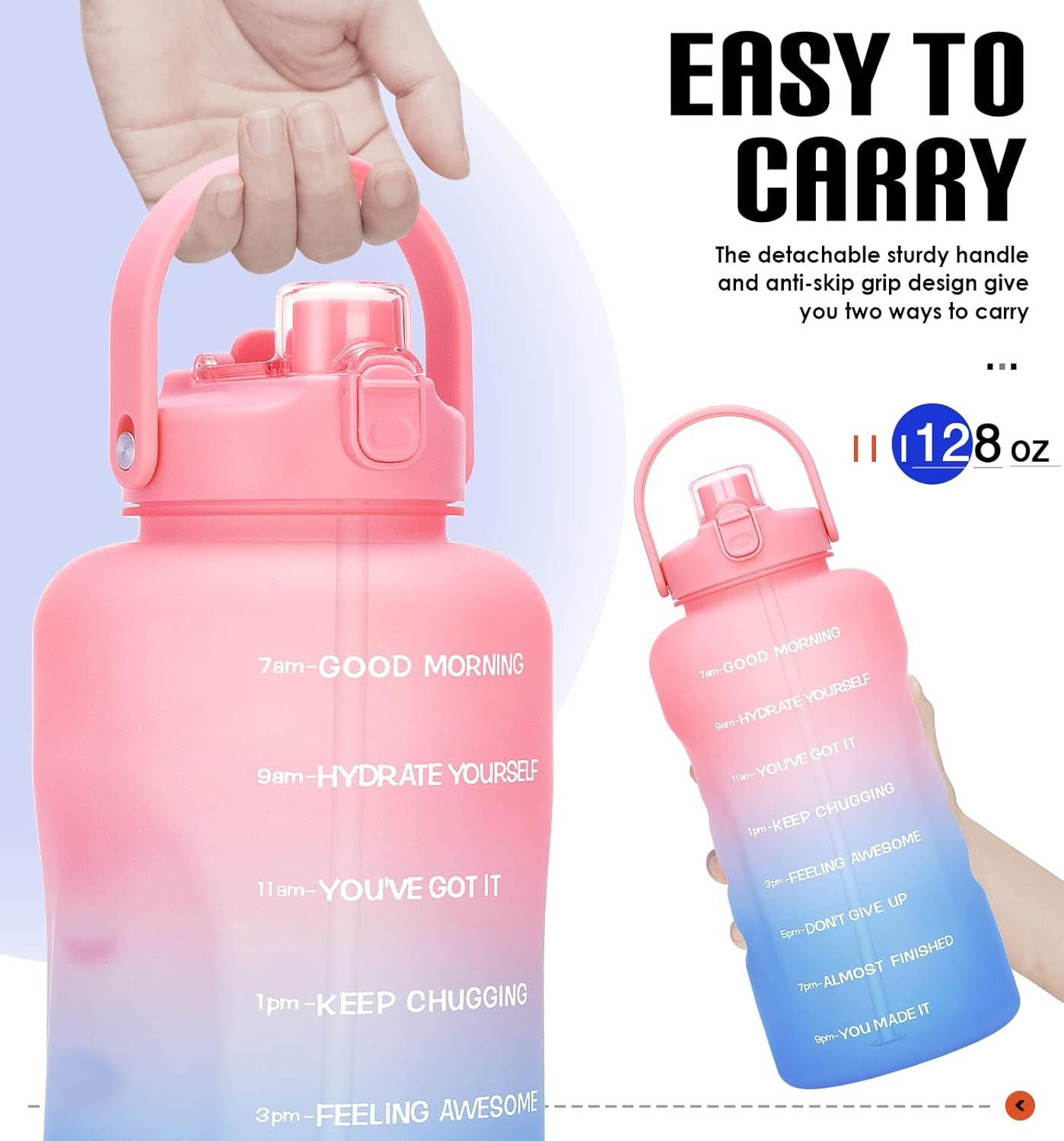 1 Gallon Water Bottles with Straw, 128 Oz / 3.8L Water Bottle BPA Free Innovative 2-IN-1 Lid Gym Bottle with Times to Drink Motivational, Large for Sports Fitness Camping Water Jug One Gallon