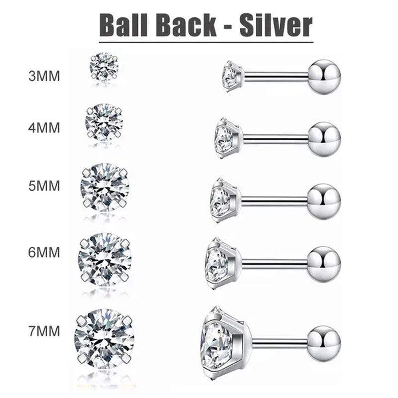 5 Pairs/Set Stainless Steel Mens Womens Stud Earrings Set round Cubic Zirconia Flat Back Earrings Piercing Ear Cartilage Hypoallergenic Men'S Earrings 3-7Mm