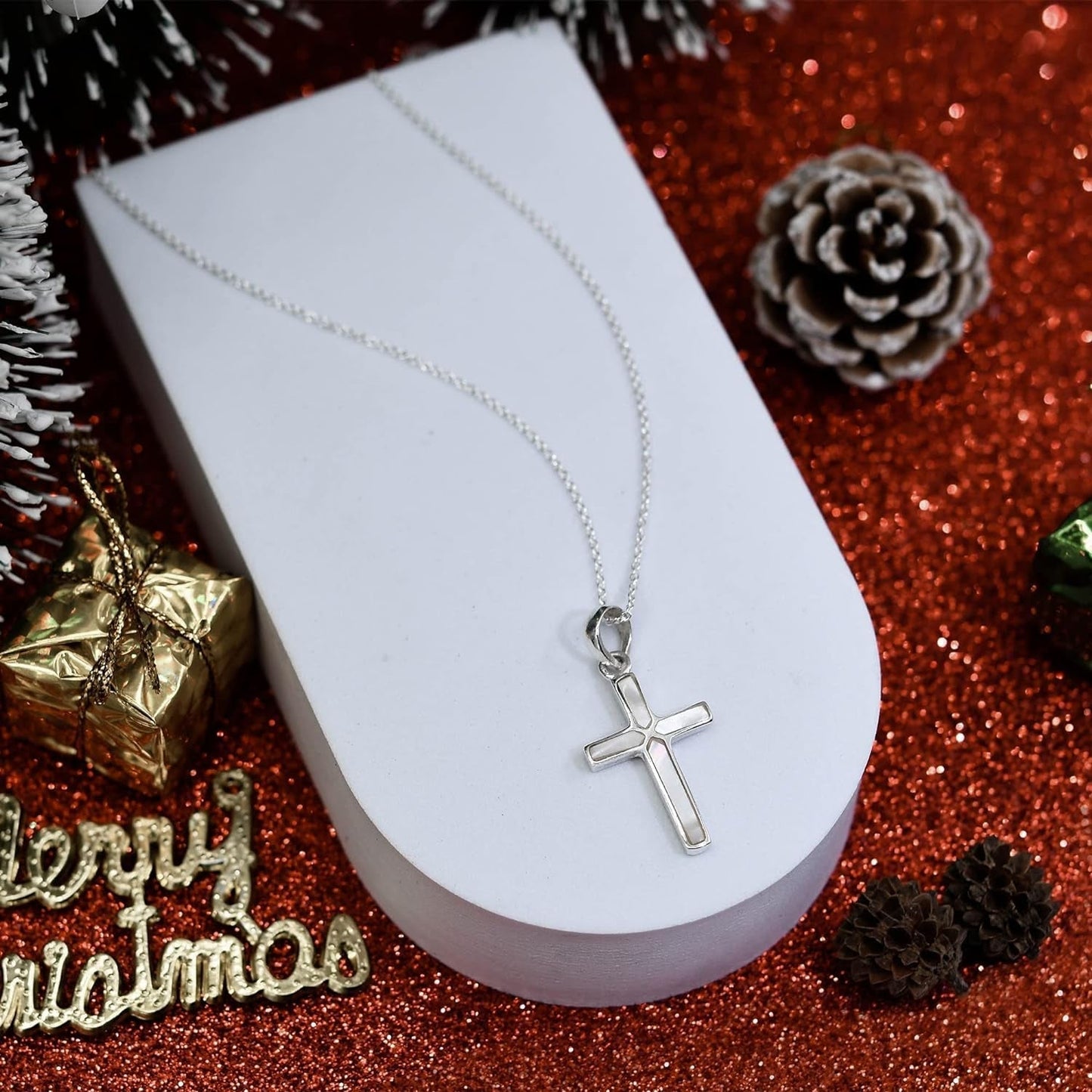 Spiritual Cross of Faith Inlaid White Mother of Pearl .925 Sterling Silver Pendant Necklace | Religous Necklace Jewelry for Women | Jewelry Gift