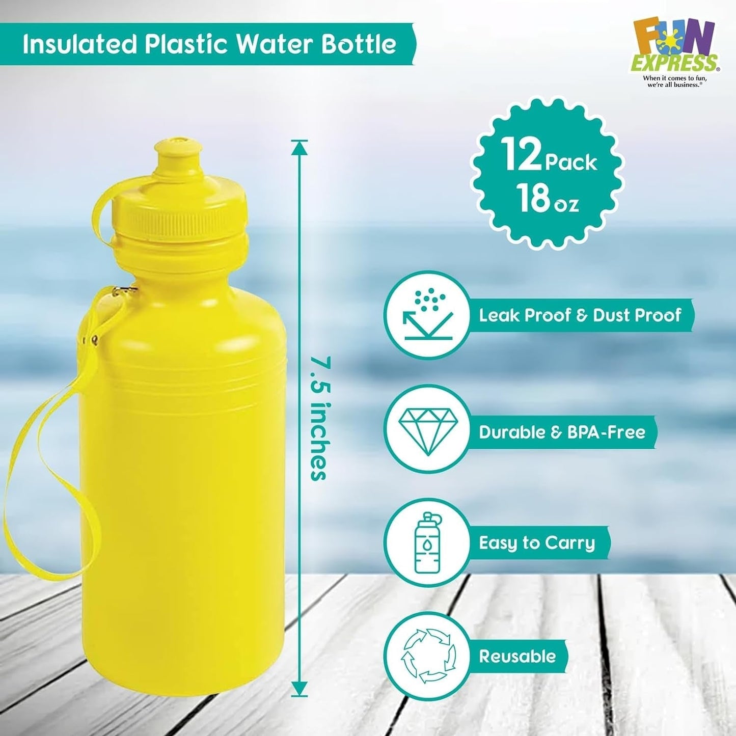 Bulk Water Bottles, Neon Assorted Colors, 12 Bottles, BPA Free Plastic, Lightweight, 18 Oz, Leak Proof Design