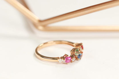 10K Yellow Gold Multi Sapphire, Ruby and Tsavorite Ring with Diamonds for Women | Ethically, Authentically & Organically Sourced (Round-Cut) Shaped Sapphire Hand-Crafted Jewelry for Her | Sapphire Ring for Women