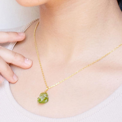 Peridot Pendant Necklace, Rough Green Crystal Pendant, Raw Gemstone Necklace, August Birthstone Jewelry, 925 Silver 14K Gold Plated 16+2 Inch Adjustable Chain