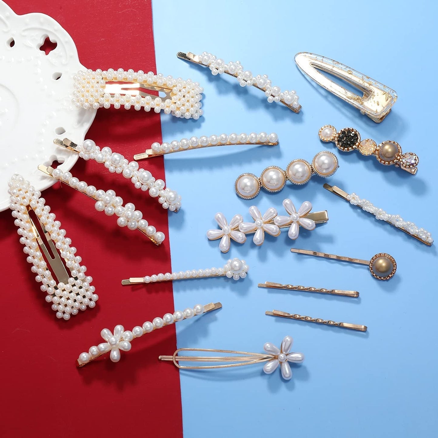 Women Hair Accessories 18PCS Handmade Simulation Pearl Barrettes Clip Set Geometric Flower Bobby Hairpin Girls Headwear…