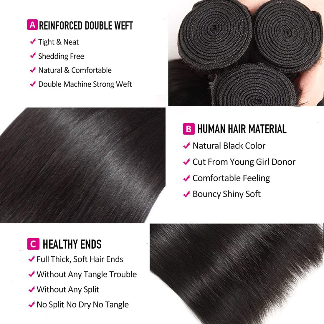 Straight Bundles with Closure Human Hair 10 12 14+10 Brazilian Human Hair Bundles with Closure Straight 100% Unprocessed Virgin Weave Hair Bundles with Closure 10A Bundles Human Hair with Lace Closure