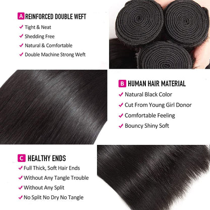 Straight Bundles with Closure Human Hair 10 12 14+10 Brazilian Human Hair Bundles with Closure Straight 100% Unprocessed Virgin Weave Hair Bundles with Closure 10A Bundles Human Hair with Lace Closure