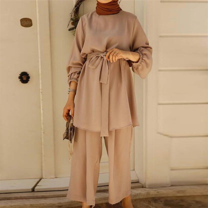 Abayas for Women Muslim Long Sleeve Loose Top Pants 2 Pcs Dubai Islamic Muslim Clothes