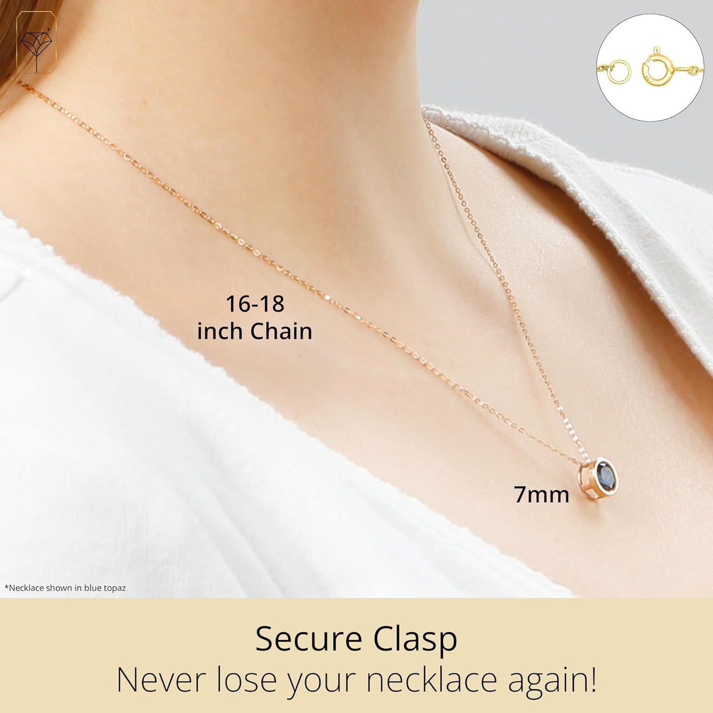 14K White or Yellow Gold round Pendant Necklace for Women with 7 Mm Gemstone Birthstone on 18 Inch Cable Chain Spring Ring Clasp Bezel