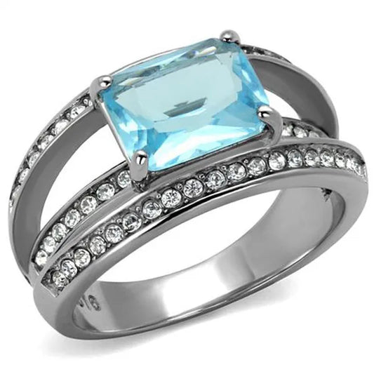 Women's Stainless Steel 4.07Ct Emerald Cut Sea Blue Crystal Cocktail Ring Size 5-10