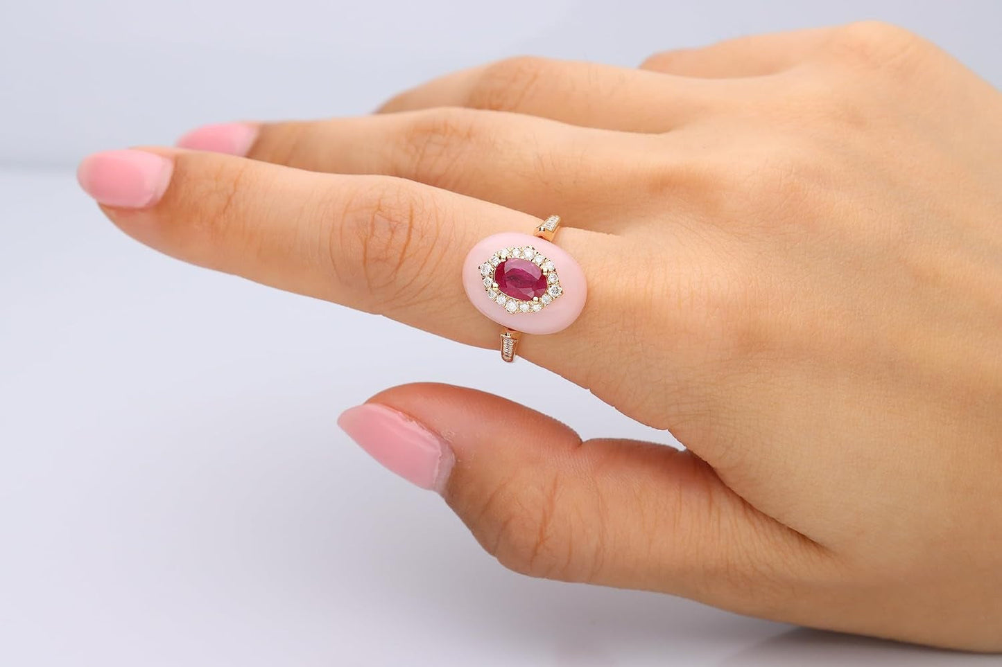 14K Yellow Gold Mozambique Genuine Ruby and Pink Opal Ring with Diamonds for Women | Ethically, Authentically & Organically Sourced (Oval-Cut) Shaped Ruby Hand-Crafted Jewelry for Her | Ruby Ring for Women