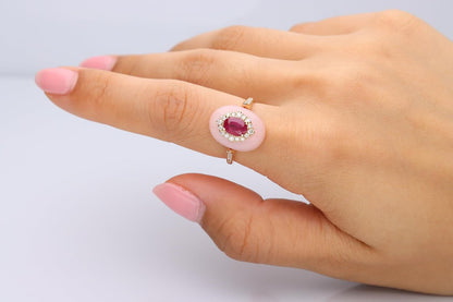 14K Yellow Gold Mozambique Genuine Ruby and Pink Opal Ring with Diamonds for Women | Ethically, Authentically & Organically Sourced (Oval-Cut) Shaped Ruby Hand-Crafted Jewelry for Her | Ruby Ring for Women