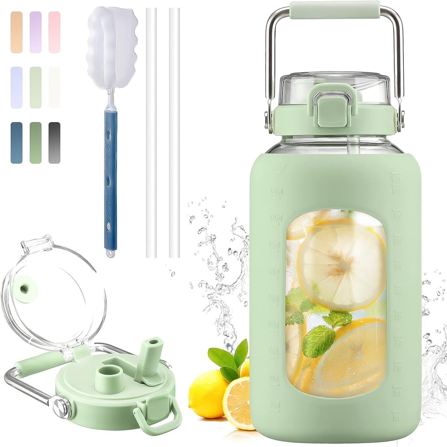 84Oz Water Bottle Glass with Stainless Steel Handle Large Water Bottle with Time Markers and Silicone Sleeve Half Gallon Water Jug BPA Free for Gym Daily Use, Light Green - WORLD TIME VISITS