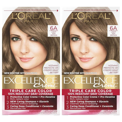 Excellence Creme Permanent Hair Color, 6A Light Ash Brown, 100 Percent Gray Coverage Hair Dye, Pack of 2