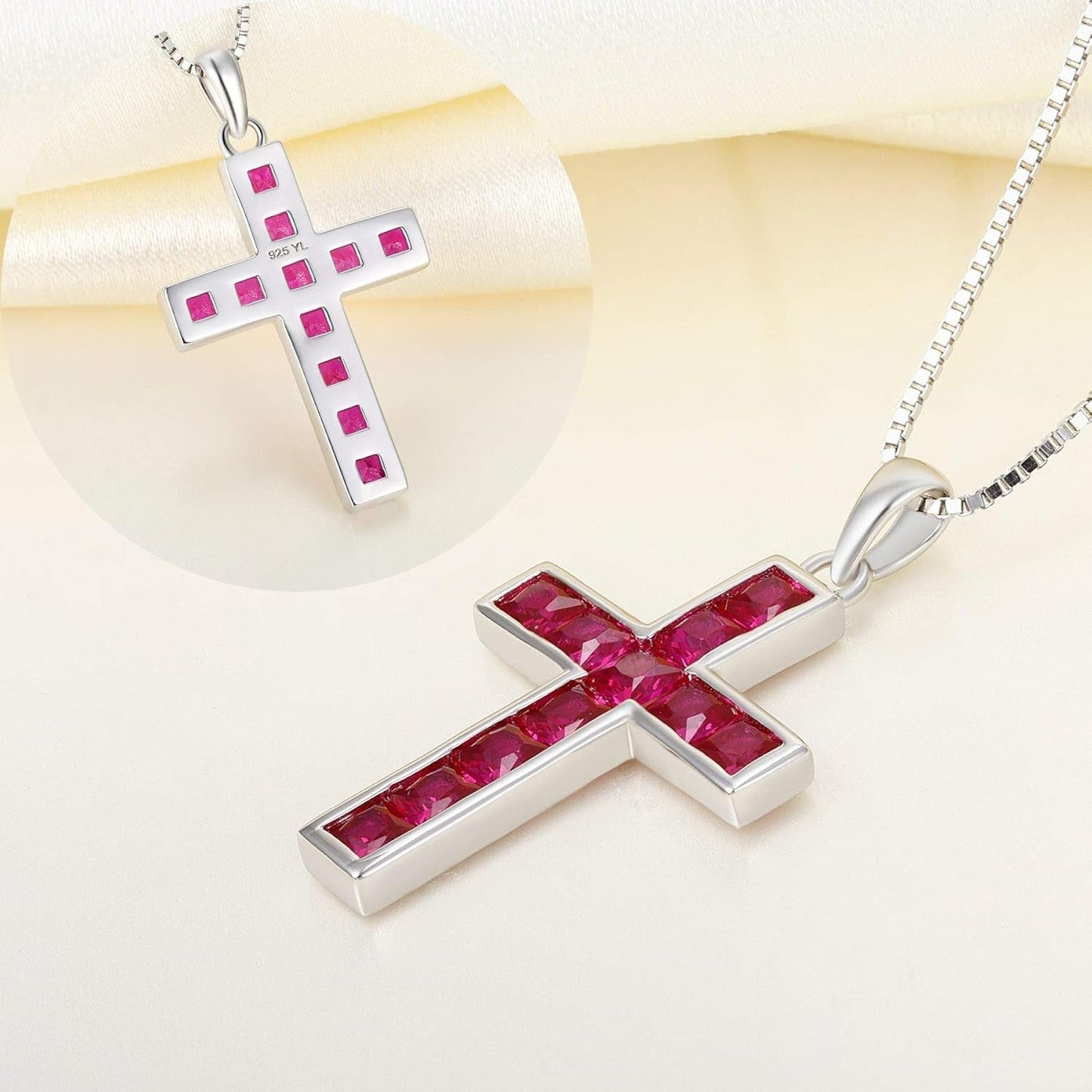 925 Sterling Silver Cross Necklace for Women Halo Pendant Princess Cut Birthstone Jewelry for Mom