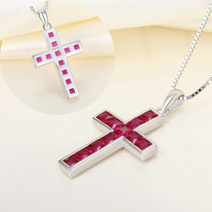 925 Sterling Silver Cross Necklace for Women Halo Pendant Princess Cut Birthstone Jewelry for Mom
