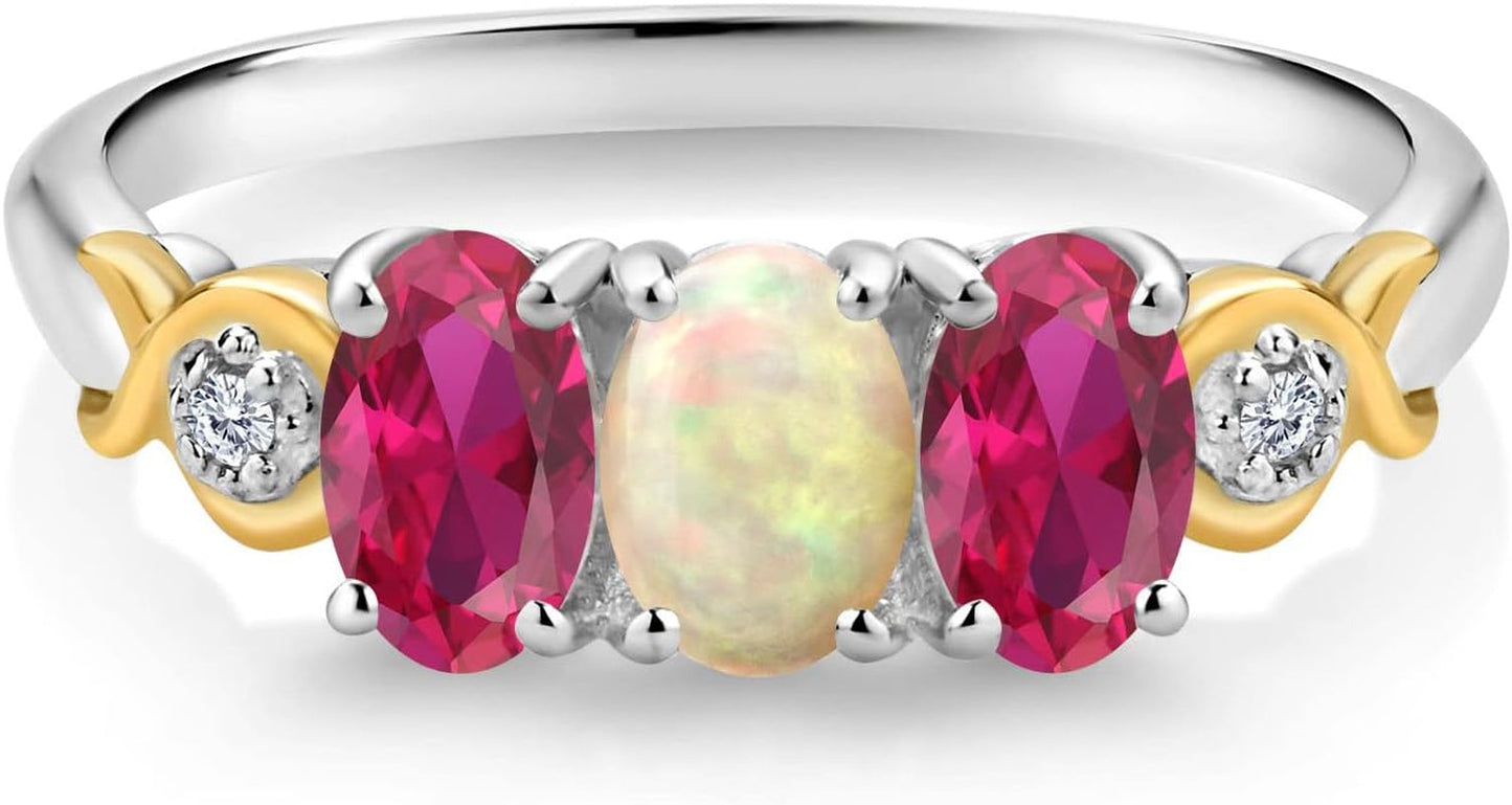 1.34 Ct Oval Cabochon White Ethiopian Opal Red Created Ruby 925 Silver and 10K Yellow Gold G-H Lab Grown Diamond Women Ring