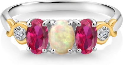 1.34 Ct Oval Cabochon White Ethiopian Opal Red Created Ruby 925 Silver and 10K Yellow Gold G-H Lab Grown Diamond Women Ring
