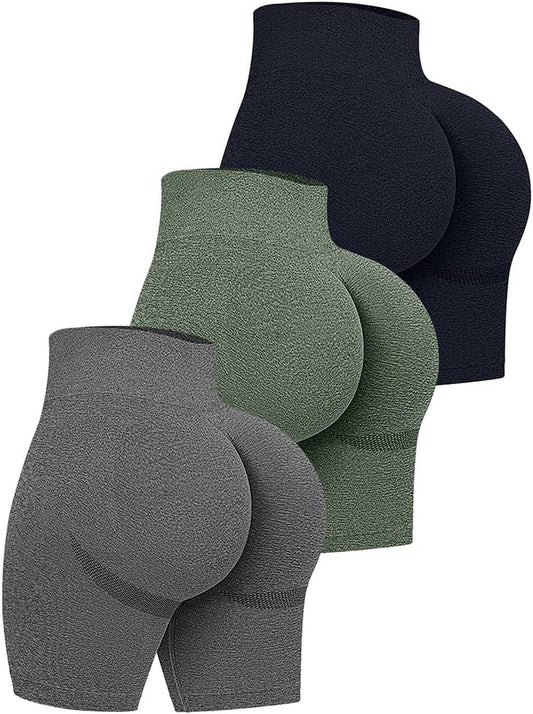 Women'S 3 Piece High Waist Workout Shorts Butt Lifting Tummy Control Ruched Booty Smile Yoga Short Pants