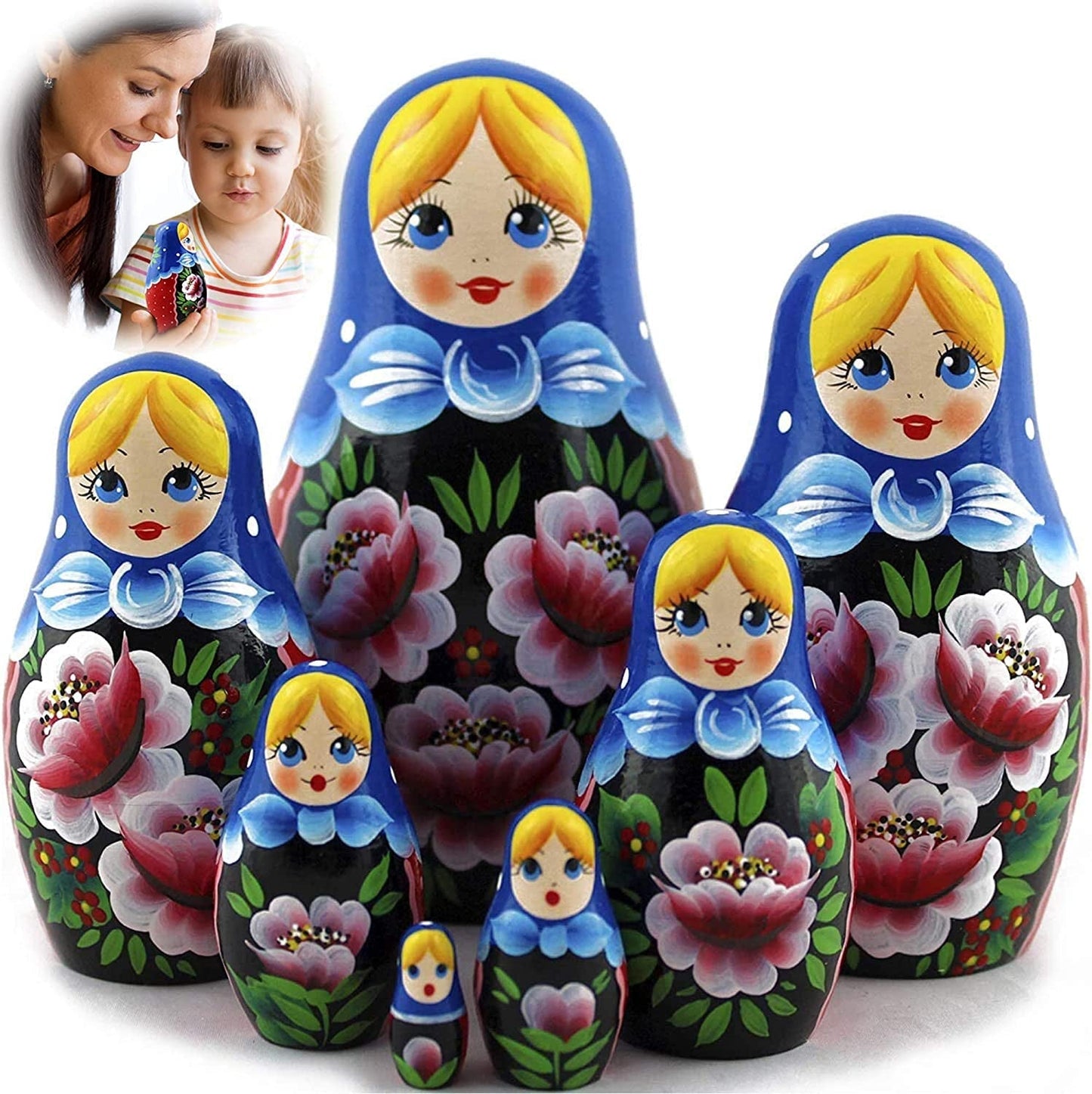 Nesting Babushka Dolls - Handmade Rose Hand-Painted - Matruska Stacking 7 Dolls - Munecas Rusas - Home Decor Decorations - WORLD TIME VISITS
