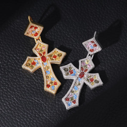 Iced Out Colorful Rhomboic Cross Pendant Necklace, Trendy White Gold Hip Hop Cubic Zirconia Oval Diamond Cross Pendant Faith Jesus Necklace Gift
