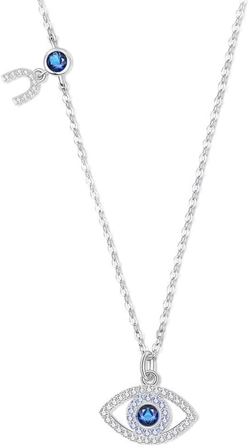 14K Gold Moissanite Evil Eye Necklace, Sapphire Necklace for Women, Evil Eye Pendant, Gift for Her (White, 14K)
