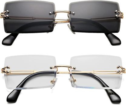 Rectangle Sunglasses for Men/Women Small Rimless Square Shade Eyewear - WORLD TIME VISITS