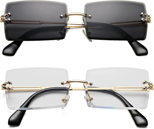 Rectangle Sunglasses for Men/Women Small Rimless Square Shade Eyewear - WORLD TIME VISITS