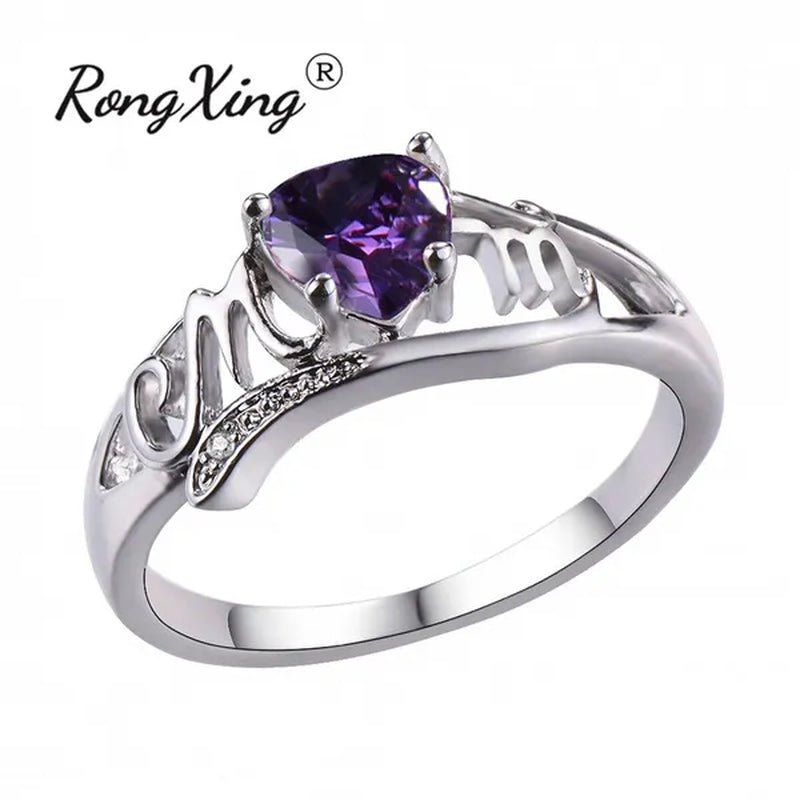 Love Mom 2ct Heart Shape Diamond/Amethyst/Emerald/Pink/Blue Sapphire/Black Diamond 925 Silver Ring Nana Ring Grandma Mum Jewelry Size 5-10