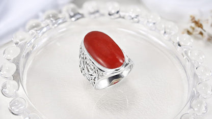 Bold Lrg Oval Reconstructed Red Coral Intricate Heart Filigree .925 Sterling Silver Ring