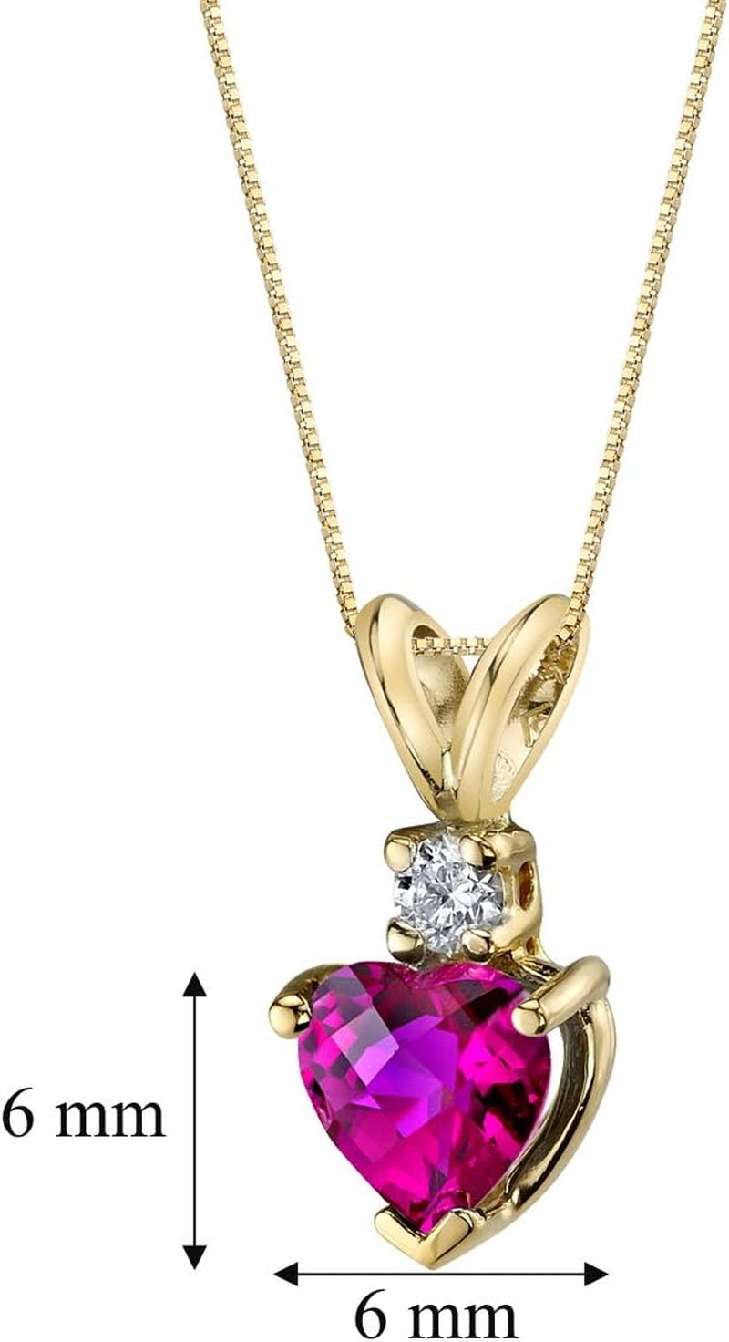 14K Yellow Gold Created Ruby with Genuine Diamond Pendant for Women, Heart Shape Solitaire, 6Mm, 1 Carat Total