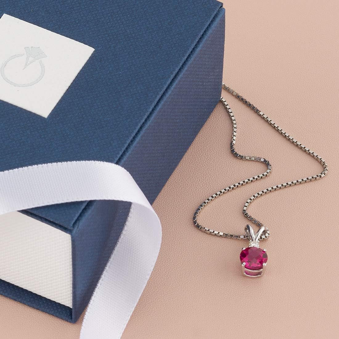 14K White Gold Created Ruby with Genuine Diamond Pendant, Elegant Solitaire, round Shape, 6.50Mm, 1.35 Carats Total, Sparkling V-Day Gift, Valentine'S Gift for Her, Wife, Sister