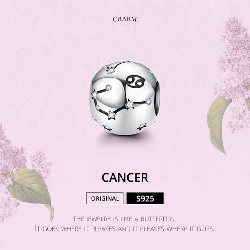 European Hot 12 Constellation Zodiac round 925 Sterling Silver Beads Charm for Women Bracelet Shining CZ Charm Fit Original Bangle Necklace DIY Jewelry Making