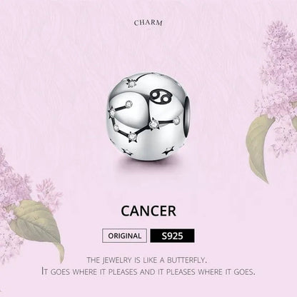 European Hot 12 Constellation Zodiac round 925 Sterling Silver Beads Charm for Women Bracelet Shining CZ Charm Fit Original Bangle Necklace DIY Jewelry Making