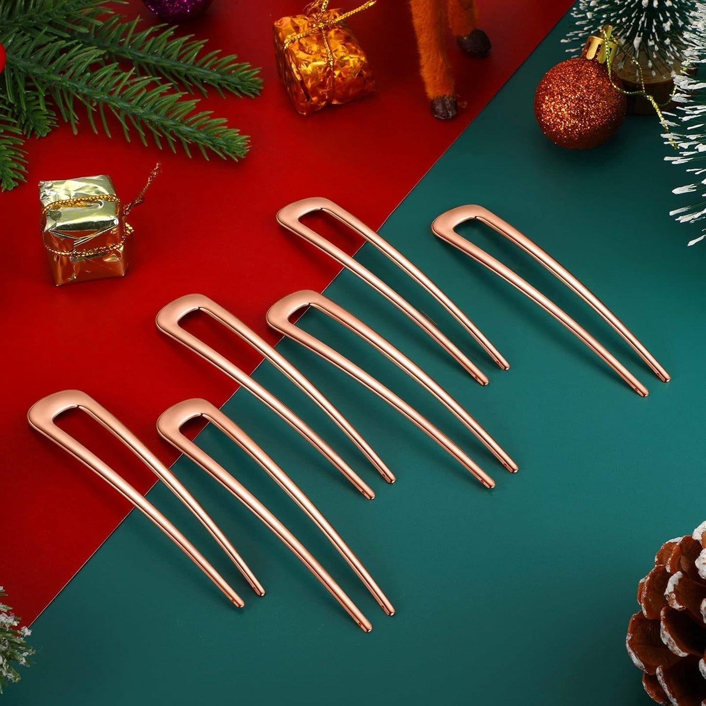 6 Pieces Hair Pins Simple Metal U Shaped French Gold Hair Fork Sticks 2 Prong Updo Chignon Pins for Women Lady Buns Accessories(Rose Gold)