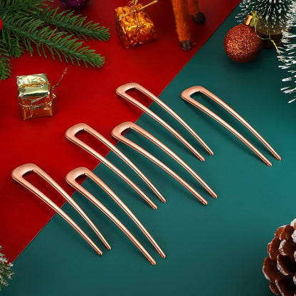 6 Pieces Hair Pins Simple Metal U Shaped French Gold Hair Fork Sticks 2 Prong Updo Chignon Pins for Women Lady Buns Accessories(Rose Gold)